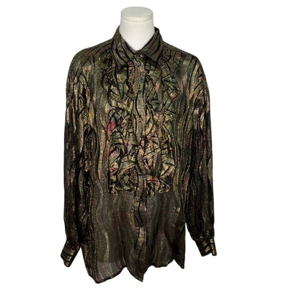 Vintage Escada By Margaretha Ley Metallic Blouse With Ruffle Detail Size 42 - Picture 1 of 6